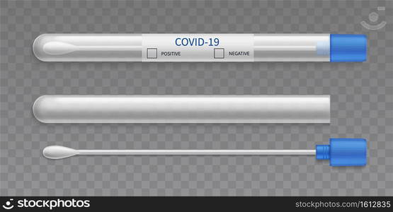 Test tube swab. Realistic microbiological medical test, diagnostic lab tool for genetic research, plastic container with cotton swab, virus analysis. Vector 3d set isolated on transparent background. Test tube swab. Realistic microbiological medical test, diagnostic lab tool for genetic research, plastic container with cotton swab, virus analysis. Vector 3d isolated set