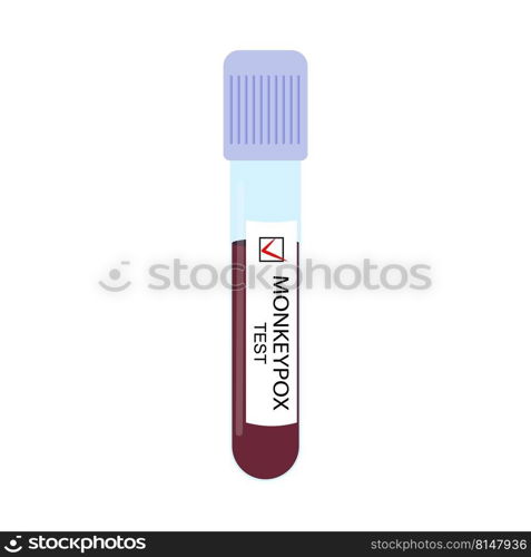 Test tube with a blood s&le with a positive test for monkeypox virus close-up isolated on a white background. Vector illustration.. Test tube with a blood s&le, test for monkeypox