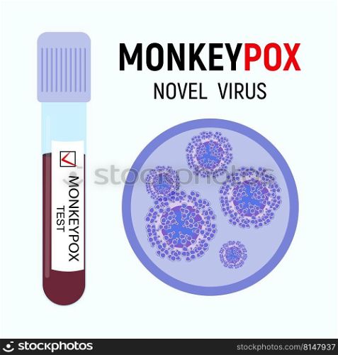 Test tube with a blood s&le with a positive test for the monkeypox virus and viral cells close-up. Microbiological medical background. Vector illustration.. Test tube with a blood s&le and viral cells