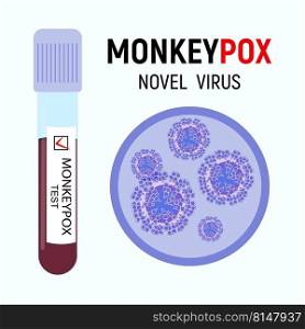 Test tube with a blood s&le with a positive test for the monkeypox virus and viral cells close-up. Microbiological medical background. Vector illustration.. Test tube with a blood s&le and viral cells