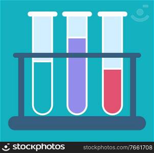 Test tube with colorful liquid element of laboratory. Analyzing result of test from glass isolated on blue. Substances poured in test-glass set raster. Medical program with tubes diagnostic vector. Medical Program with Poured in Test-glass Vector