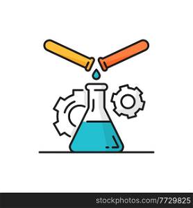 Test tubes and beaker, lab experiment in genetics, rotating gear cogwheel mechanism isolated line icon. Vector laboratory research glassware, gene engineering tubes and flask, chemistry and biology. Laboratory research glassware, science experiment