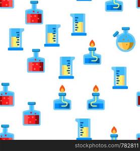 Test Tubes And Flasks Vector Color Icons Seamless Pattern. Chemistry Tubes With Liquid Linear Symbols Pack. Scientific Glassware With Chemical Fluid. Laboratory Research, Lab Equipment Illustration. Test Tubes And Flasks Vector Seamless Pattern