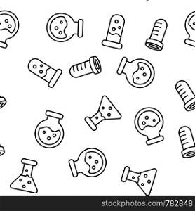 Test Tubes And Flasks Vector Color Icons Seamless Pattern. Chemistry Tubes With Liquid Linear Symbols Pack. Scientific Glassware With Chemical Fluid. Laboratory Research, Lab Equipment Illustration. Test Tubes And Flasks Vector Seamless Pattern