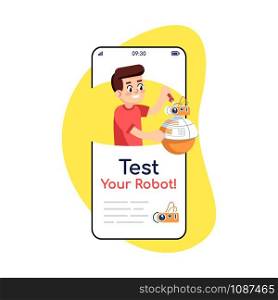 Test your robot social media posts smartphone app screen. Mobile phone displays with cartoon characters design mockup. Electronic construction assembly instruction application telephone interface