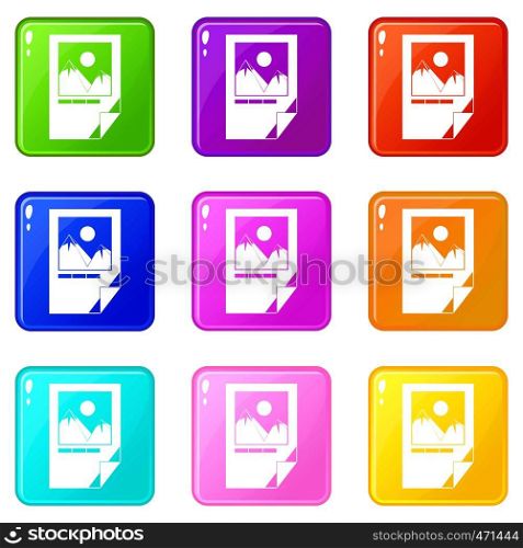 Tested ink paper with printer marks icons of 9 color set isolated vector illustration. Tested ink paper with printer marks icons 9 set