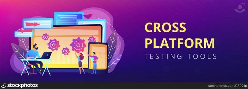 Tester and developer work with laptop and tablet. Cross platform bug founding, bug identification and testing team concept on white background. Header or footer banner template with copy space.. Cross platform bug founding concept banner header.