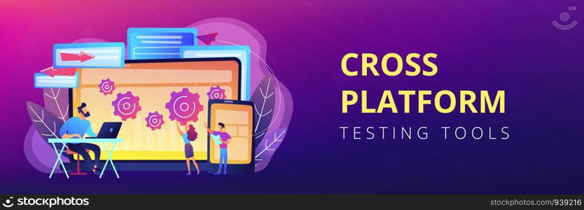 Tester and developer work with laptop and tablet. Cross platform bug founding, bug identification and testing team concept on white background. Header or footer banner template with copy space.. Cross platform bug founding concept banner header.