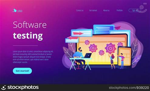 Tester and developer work with laptop and tablet. Cross platform bug founding, bug identification and testing team concept on white background. Website vibrant violet landing web page template.. Cross platform bug founding concept landing page.
