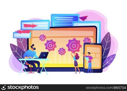 Tester and developer work with laptop and tablet. Cross platform bug founding, bug identification and testing team concept on white background. Bright vibrant violet vector isolated illustration. Cross platform bug founding concept vector illustration.
