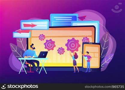 Tester and developer work with laptop and tablet. Cross platform bug founding, bug identification and testing team concept on ultraviolet background. Bright vibrant violet vector isolated illustration. Cross platform bug founding concept vector illustration.