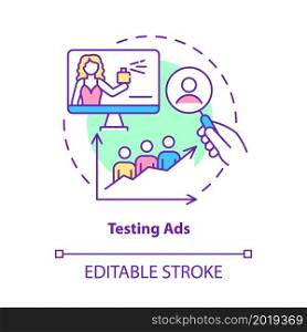 Testing ads concept icon. Increase selling. Brand audience preference analysis. Advertising optimization abstract idea thin line illustration. Vector isolated outline color drawing. Editable stroke. Testing ads concept icon