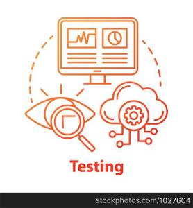 Testing concept icon. Search for information on computer and cloud storage. Web analytics. Defects recognizing idea thin line illustration. Vector isolated outline drawing