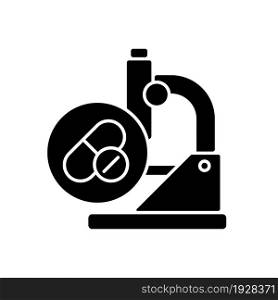 Testing drugs black glyph icon. Potential treatment development. Studying new medications. Evaluating safe pill dosage. Clinical trials. Silhouette symbol on white space. Vector isolated illustration. Testing drugs black glyph icon