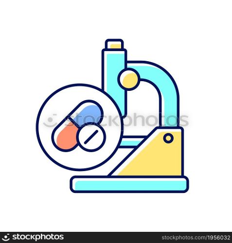 Testing drugs RGB color icon. Potential treatment development. Studying new medications. Evaluating safe pill dosage. Clinical trials. Isolated vector illustration. Simple filled line drawing. Testing drugs RGB color icon
