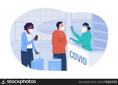 Testing for covid at airport 2D vector isolated illustration. Passengers and nurse in facial respiratory masks flat characters on cartoon background. Medical control for safe travel colourful scene. Testing for covid at airport 2D vector isolated illustration