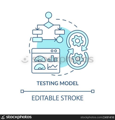 Testing model turquoise concept icon. Problem solving step in machine learning abstract idea thin line illustration. Isolated outline drawing. Editable stroke. Arial, Myriad Pro-Bold fonts used. Testing model turquoise concept icon