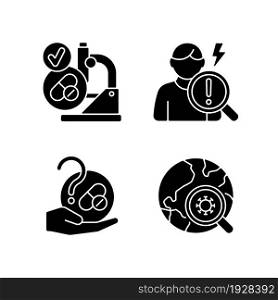 Testing potential treatments black glyph icons set on white space. Successful research. Observational studies. Blind trials. Epidemiological study. Silhouette symbols. Vector isolated illustration. Testing potential treatments black glyph icons set on white space