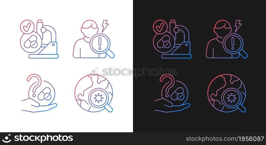 Testing potential treatments gradient icons set for dark and light mode. Successful research. Thin line contour symbols bundle. Isolated vector outline illustrations collection on black and white. Testing potential treatments gradient icons set for dark and light mode