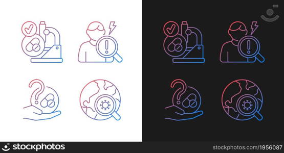 Testing potential treatments gradient icons set for dark and light mode. Successful research. Thin line contour symbols bundle. Isolated vector outline illustrations collection on black and white. Testing potential treatments gradient icons set for dark and light mode