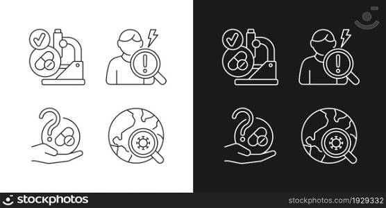 Testing potential treatments linear icons set for dark and light mode. Successful research. Observational study. Customizable thin line symbols. Isolated vector outline illustrations. Editable stroke. Testing potential treatments linear icons set for dark and light mode