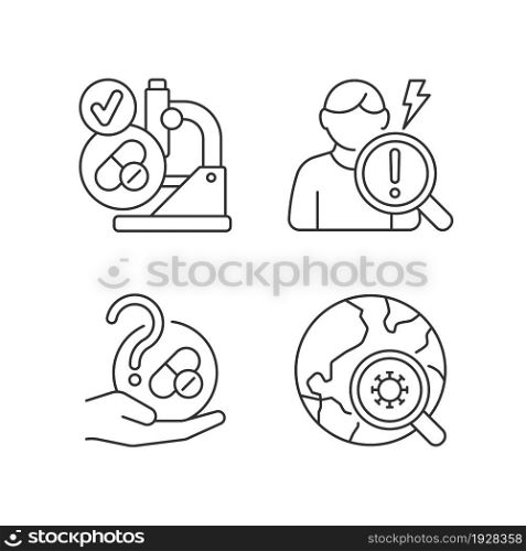 Testing potential treatments linear icons set. Successful research. Observational studies. Blind trials. Customizable thin line contour symbols. Isolated vector outline illustrations. Editable stroke. Testing potential treatments linear icons set