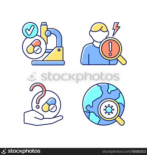 Testing potential treatments RGB color icons set. Successful research. Observational studies. Blind trials. Epidemiological study. Isolated vector illustrations. Simple filled line drawings collection. Testing potential treatments RGB color icons set