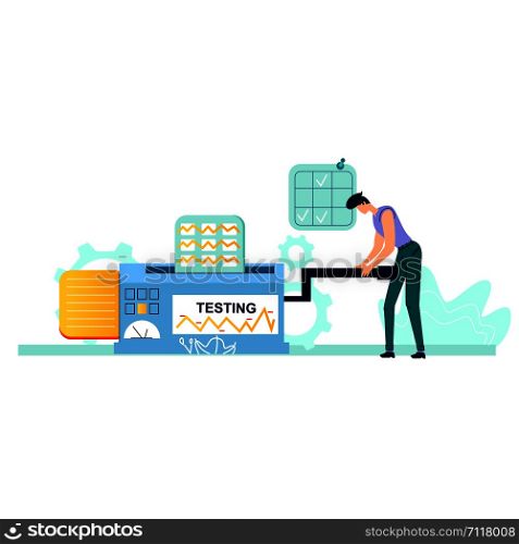 Testing process business concept vector illustration. Part of teamwork, man employee looking for solution to problem, rotate handle of mechanism and evaluate test results. Testing process business concept vector