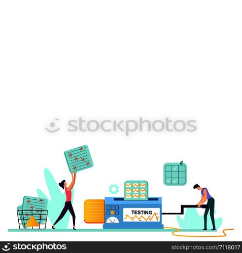 Testing process business concept vector illustration. Teamwork, man and woman, employees looking for solution to problem, rotate handle of mechanism and evaluate test results. Testing process business concept vector