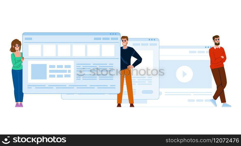 testing prototype website vector. wireframe responsive, mobile desktop, navigation layout testing prototype website character. people flat cartoon illustration. testing prototype website vector