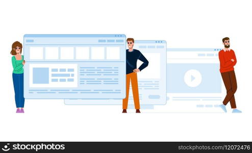 testing prototype website vector. wireframe responsive, mobile desktop, navigation layout testing prototype website character. people flat cartoon illustration. testing prototype website vector