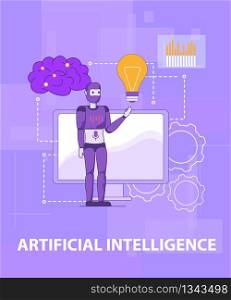 Testing Smart Artificial Intelligence. Self Learning Android Robot in front of Computer Screen with Working Brain, Alight Lamp, Gears and Chips on Purple Background. Programming Cybernetic Mind. Test Smart Self Learning Artificial Intelligence