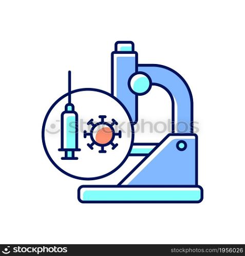 Testing vaccines RGB color icon. Laboratory research. Producing safe and effective vaccines. Clinical development. Preclinical trials. Isolated vector illustration. Simple filled line drawing. Testing vaccines RGB color icon