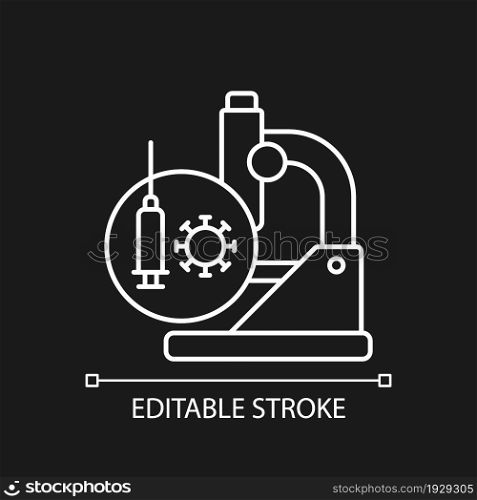 Testing vaccines white linear icon for dark theme. Laboratory research. Producing safe vaccines. Thin line customizable illustration. Isolated vector contour symbol for night mode. Editable stroke. Testing vaccines white linear icon for dark theme