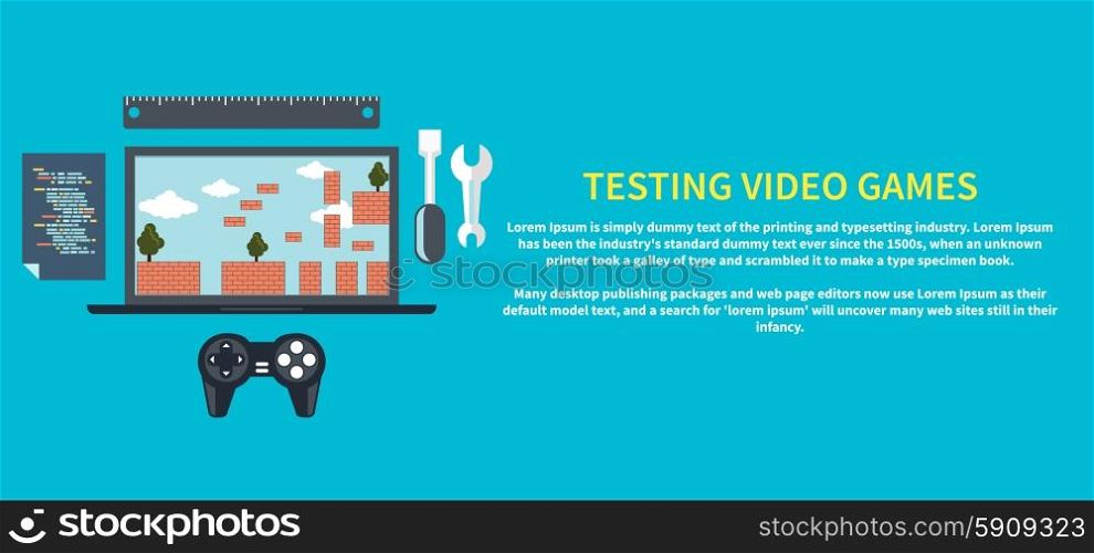 Testing video games. Game development concept with item icons such as laptop, joystick and coding page in flat design style