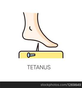 Tetanus RGB color icon. Infectious disease, bacterial infection. Clostridium tetani bacterium protection. Healthcare and medicine. Human foot and rusty nail isolated vector illustration