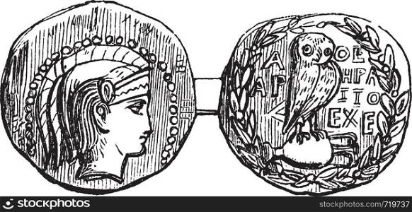 Tetradrachm from Athens or Greek Silver Coin, vintage engraving. Old engraved illustration of a Tetradrachm from Athens showing Athena on the front (head) and an owl on the rear (tail) sides.
