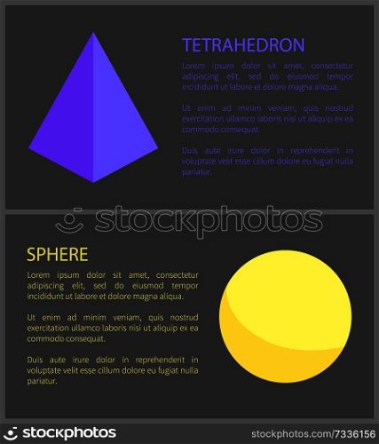 Tetrahedron and sphere isolated on black backdrop, vector illustration with geometric figures, orb and pyramid geometric prisms, colorful text sample. Tetrahedron and Sphere Isoalted on Black Backdrop