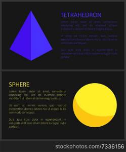 Tetrahedron and sphere isolated on black backdrop, vector illustration with geometric figures, orb and pyramid geometric prisms, colorful text sample. Tetrahedron and Sphere Isoalted on Black Backdrop
