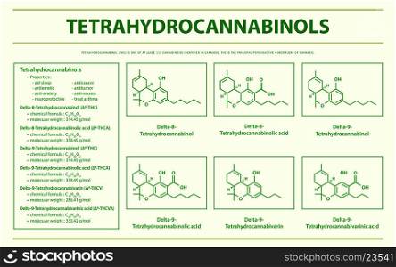 Tetrahydrocannabinol THC with Structural Formulas in Cannabis horizontal infographic illustration about cannabis as herbal alternative medicine and chemical therapy, healthcare and medical science vector.