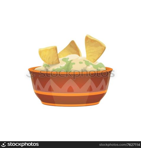 Tex-Mex dish totopos nachos with cheese sauce and parsley greens in bowl plate isolated. Vector heated tortilla chips or totopos with melted cheese. Triangle mexican food, fastfood takeaway snack. Nachos tortilla isolated appetizer snack in sauce