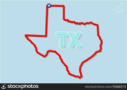 Texas US state bold outline map. Glossy red border with soft shadow. Two letter state abbreviation. Vector illustration.. Texas US state bold outline map. Vector illustration