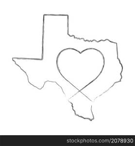 Texas US state hand drawn pencil sketch outline map with heart shape. Continuous line drawing of patriotic home sign. A love for a small homeland. T-shirt print idea. Vector illustration.. Texas US state hand drawn pencil sketch outline map with the handwritten heart shape. Vector illustration