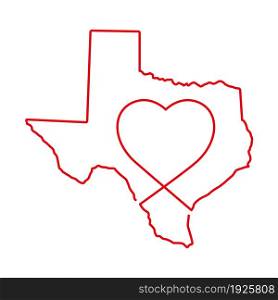 Texas US state red outline map with the handwritten heart shape. Continuous line drawing of patriotic home sign. A love for a small homeland. T-shirt print idea. Vector illustration.. Texas US state red outline map with the handwritten heart shape. Vector illustration