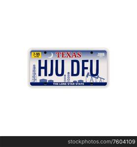 Texas USA state isolated vehicle registration number. Vector car license, metal numberplate. Vehicle number plate of Texas state, car license