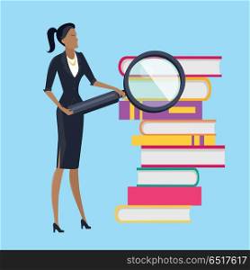 Text and Information Searching Concept Vector.. Information searching and data analysis vector concept. Flat design. Woman in business clothes standing near pile of books with magnifier. Self-education and literature reading. On blue background.