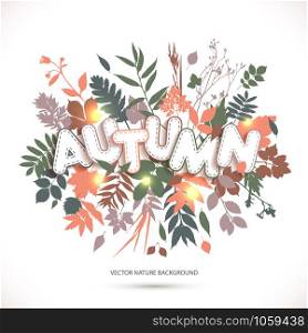 Text autumn in paper style on multicolor background with autumn leaves. Fall style for autumn sale.