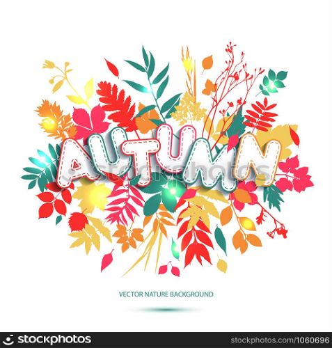 Text autumn in paper style on multicolor background with autumn leaves. Fall style for autumn sale.. Text autumn in paper style on multicolor background with autumn leaves.