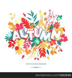 Text autumn in paper style on multicolor background with autumn leaves. Fall style for autumn sale.. Text autumn in paper style on multicolor background with autumn leaves.