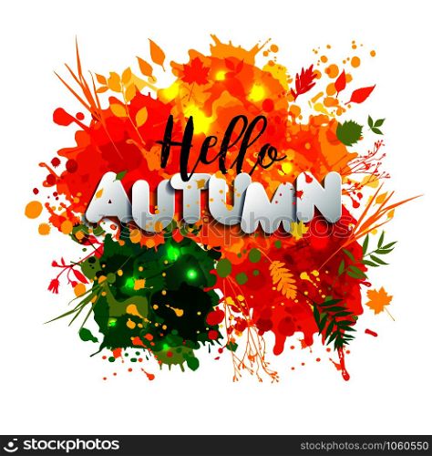 Text Autumn in paper style on multicolor blots background with black calligraphic autumn text. Hand drawn grunge blots elements. Fall style for autumn sale.. Text Autumn in paper style on multicolor blots background with black calligraphic autumn text. Hand drawn grunge blots elements.